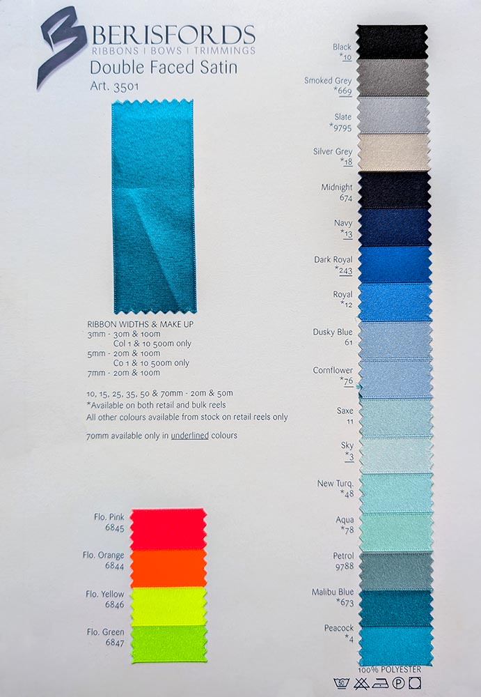 Berisfords double-faced satin ribbon shade card, page 1