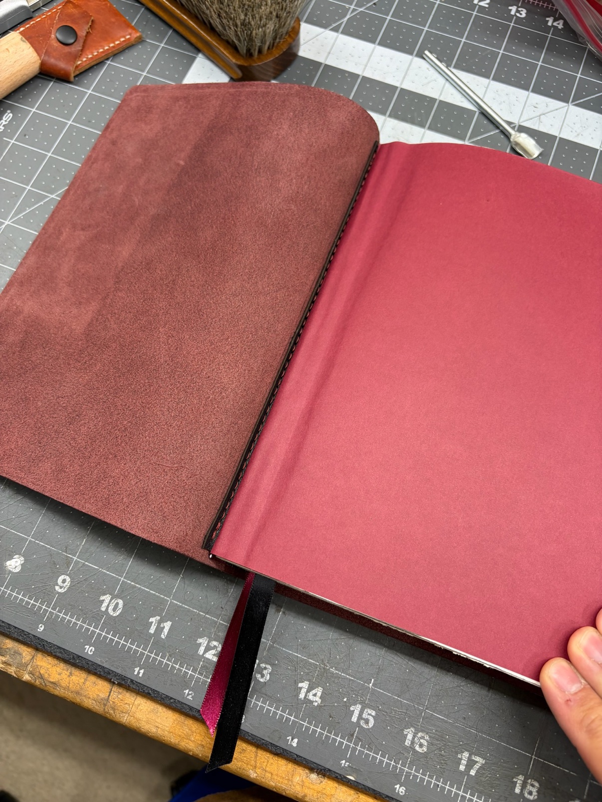 Burgundy leather endsheet detail