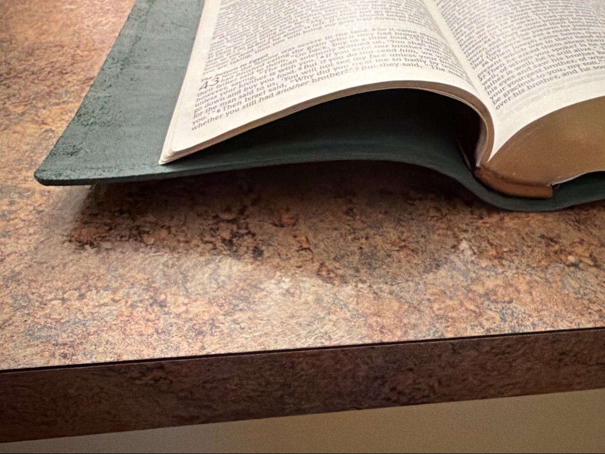 Green leather Bible opened to show the fold